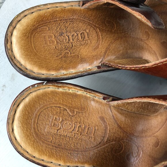 Born Women's 7 Tinari Brown Leather Open Toe Buckle Slip On High Heel Sandals - Picture 13 of 16